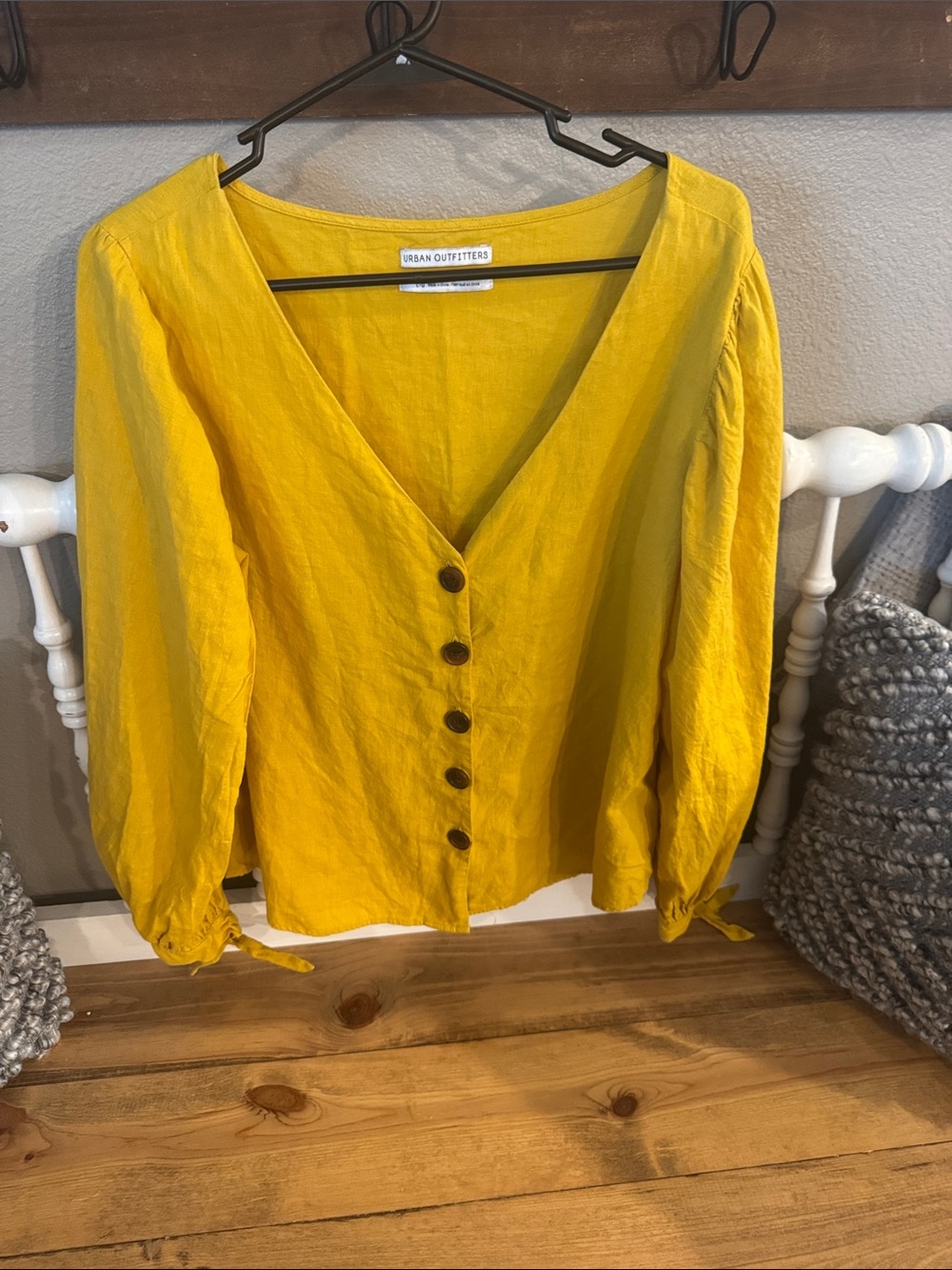 Urban Outfitters Yellow Button-Front V-Neck Blouse with Tie Cuffs